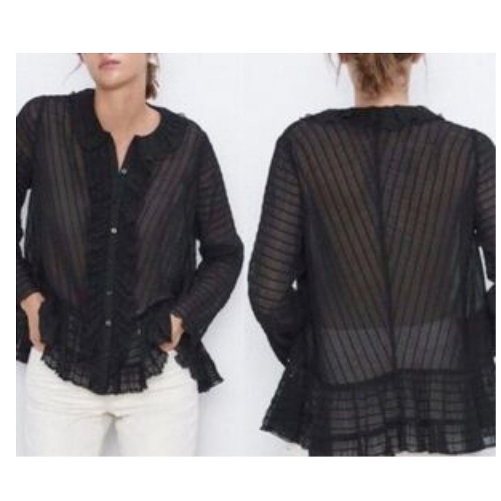 ZARA Black Sheer Striped‎ Ruffle Button Front Blouse Top Size L